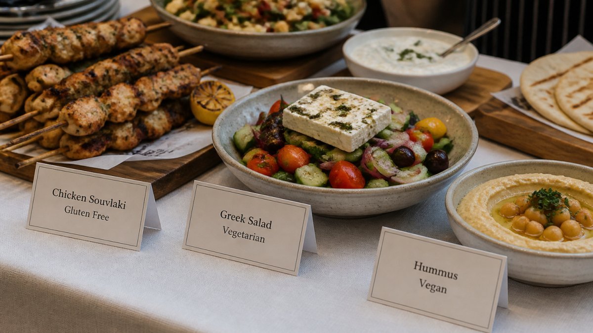 Close-up of a catered event buffet table with small printed dish labels placed in front of each platter, showing a mix of grilled skewers, salads and dips on warm wooden boards