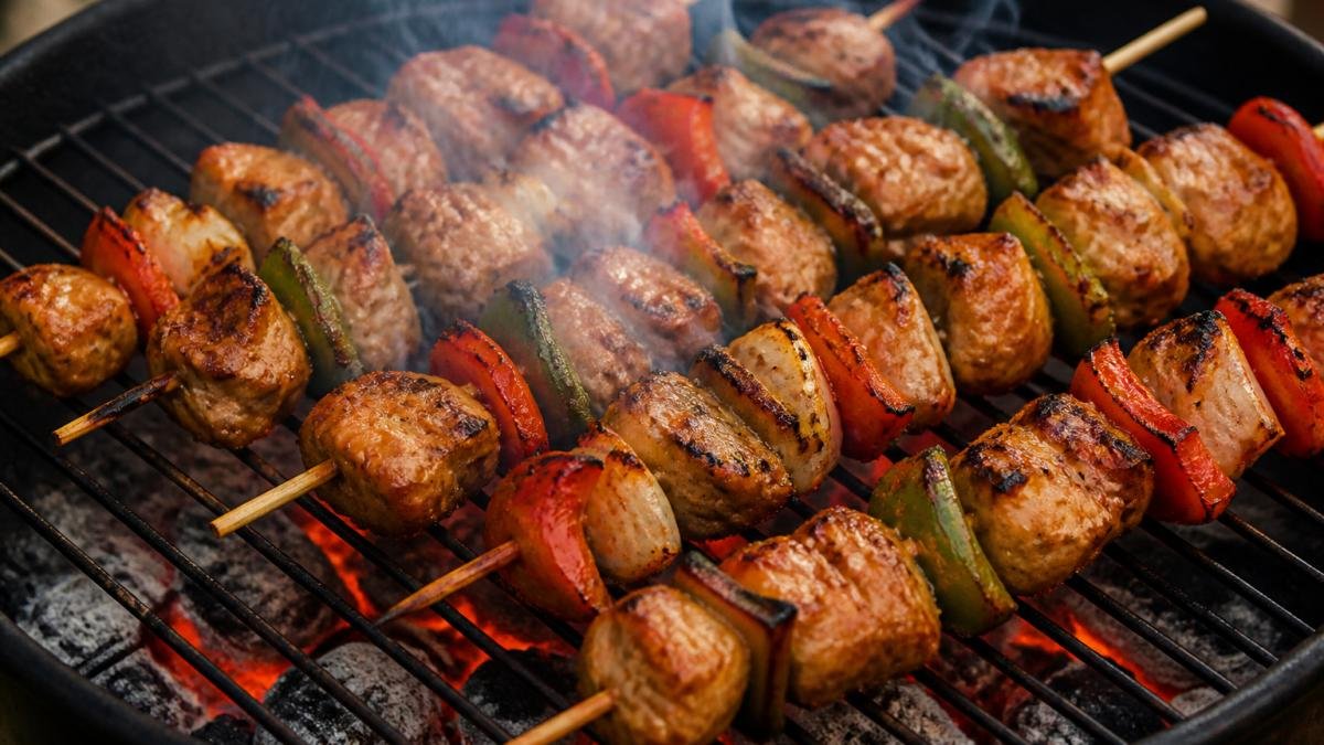 Close-up of skewers of marinated meat and vegetables searing over glowing charcoal on a grill, with visible smoke rising and char marks forming on the food
