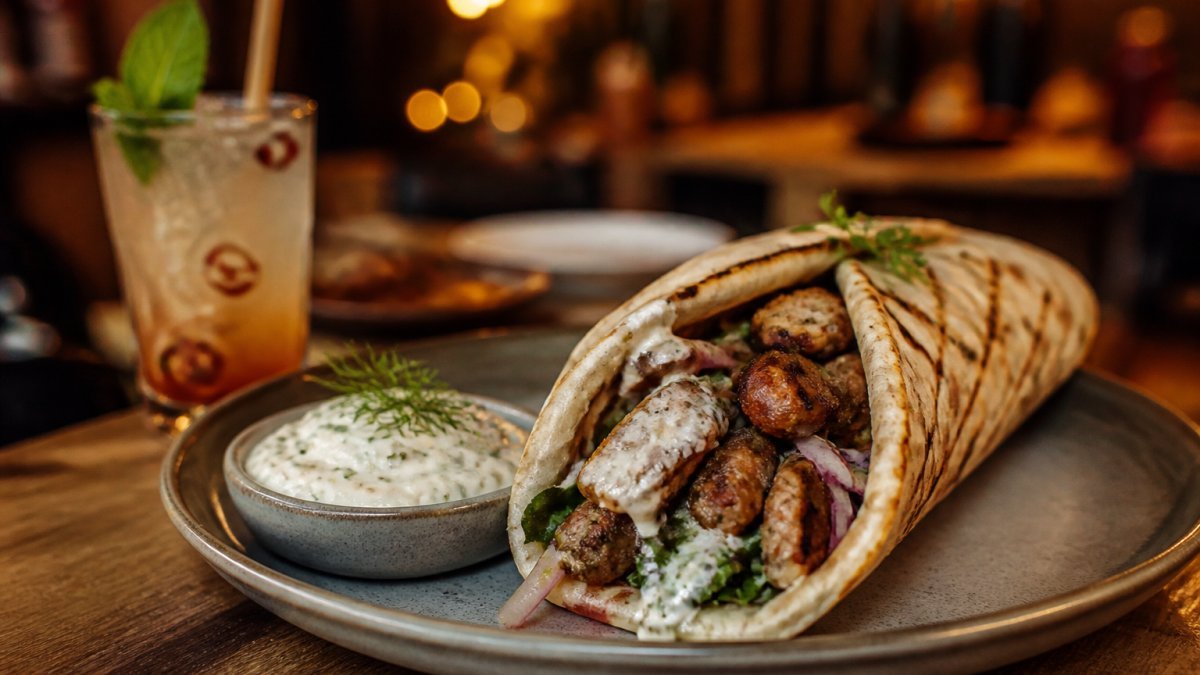 Close-up of a charcoal-grilled souvlaki wrap on a rustic plate beside a small bowl of house-made tzatziki and a handcrafted mocktail, warm restaurant lighting in the background