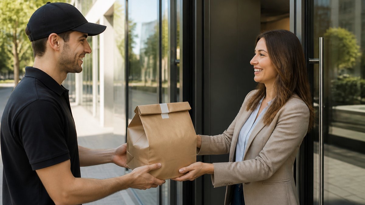 A courier handing a sealed takeaway bag of hot food to an office worker at a building entrance, midday light, smiling exchange