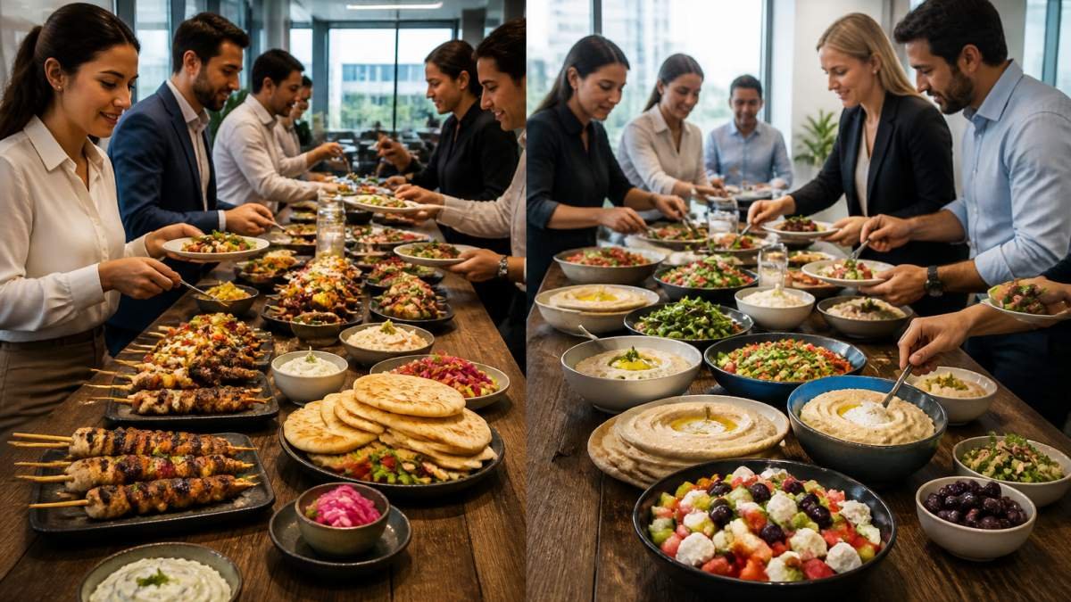 A long corporate lunch table in a bright modern meeting room, platters of charcoal-grilled skewers, fresh pita, dips and colourful salads arranged for a group, colleagues serving themselves